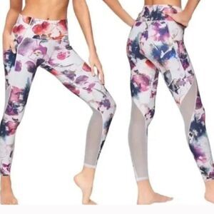 ATHLETA Floral Mudra 7/8 Tight White Purple/Multi Size Small